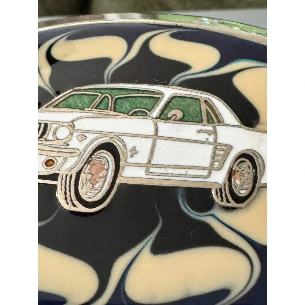 Vintage Ford Mustang Belt Buckle White Muscle Car Enamel Blue Swirl Oval Retro